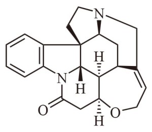 A molecule of strychnine with hydrogen atoms above and below the plane of the drawing.